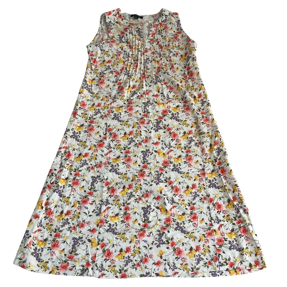 Chadwicks Floral Midi Dress Womens PL White Linen Blend Pintuck Sleeveless